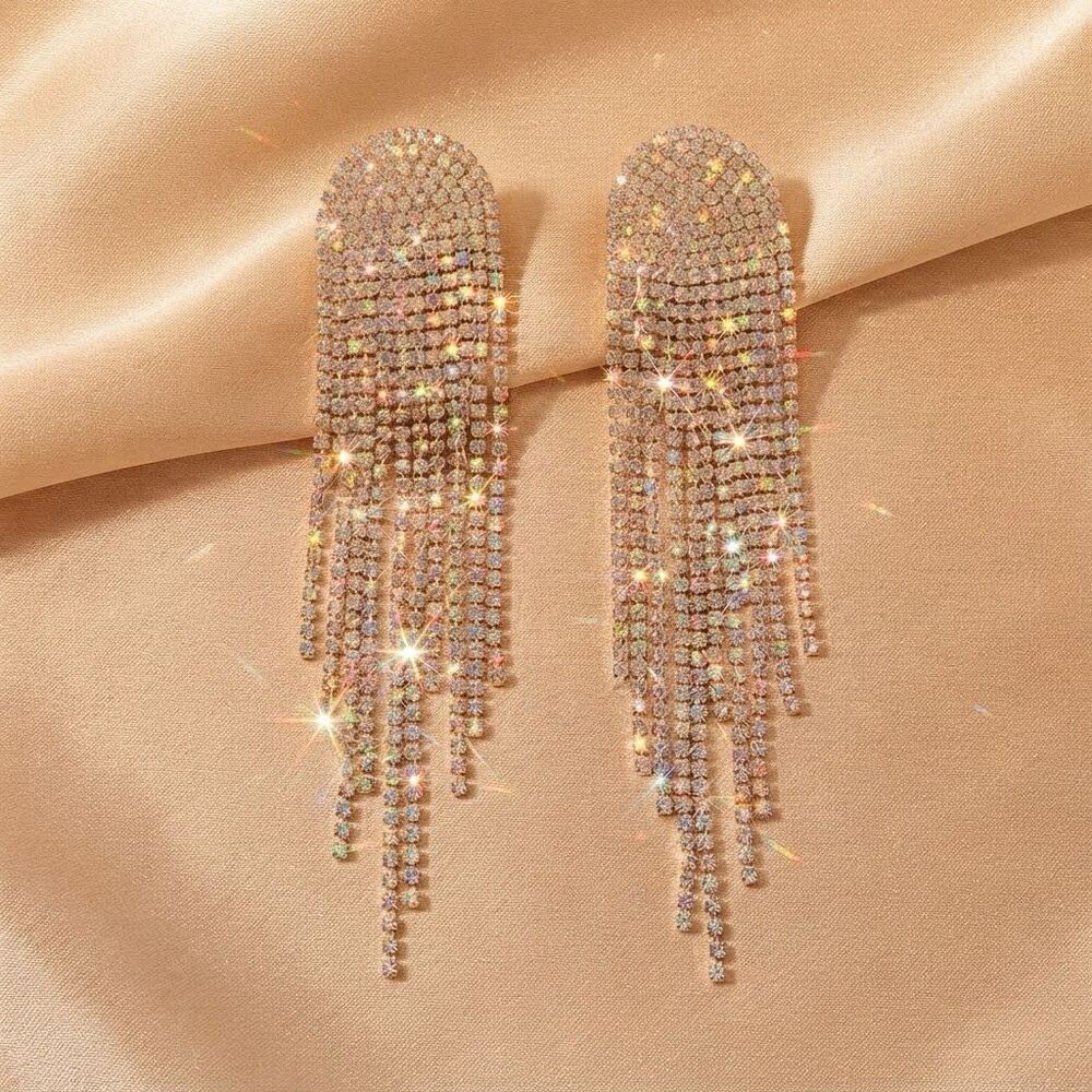 Glittering Crystal Fringe Statement Earrings Long Draped Rhinestone Chandelier